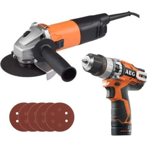 Pack AEG Smerigliatrice elettrica 800W - WS8-125SK - Kit 5 dischi abrasivi - Trapano a percussione AEG 12V Li-ion