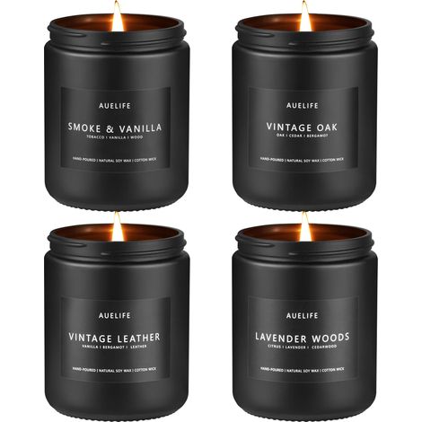 Bougies pour homme, coffret cadeau de 4 bougies en cire de soja, masculin Bougies parfumées d'aromathérapie, 200 h de combustion au total, fumée et vanille (1/5)