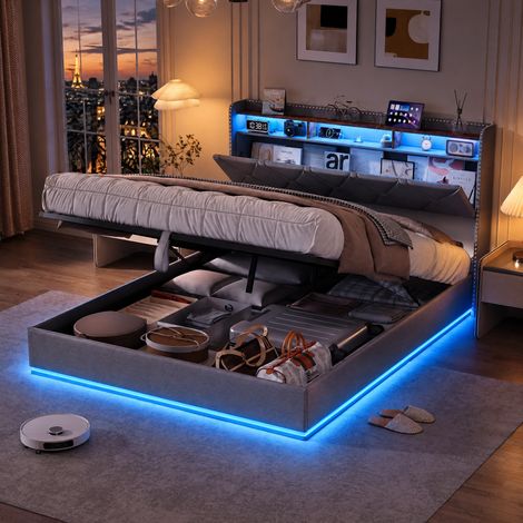 JOOKGBD - Polsterbett mit Bettkasten 140x200 cm, Doppelbett, Jugendbett, Kopfteil mit LED, USB und verstecktem Stauraum, Lattenrost inklusive, Leinen, Dunkelgrau, ohne Matratze (1/5)