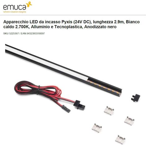 PROFILO DA 2,90 INCASSO NERO CON LED 8W/mt 2700K LUCE CALDA, STAFFE E TAPPI EMUCA PIXYS (1/3)