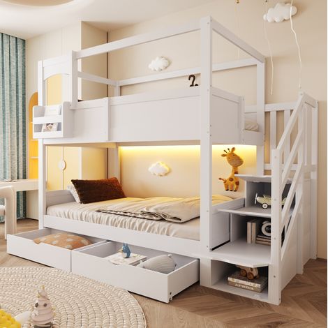Litera infantil 90 x 200 cm de madera, estilo cabaña, blanca DESVIAE (1/5)