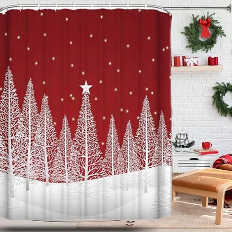 Rideau de douche motif forêt de Noël enneigée, imperméable et anti-moisissure, facile à nettoyer, rouge, comprend 12 crochets. (1/5)