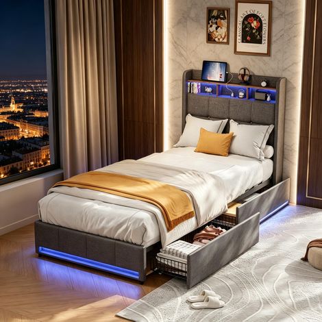 FOERPL-Lit Simple 90x200 cm avec LED et USB, Lit Coffre 90x200 avec 2 Tiroirs, Cadre de Lit Capitonnée avec Sommier à Lattes, Tete de Lits Rembourré avec Espace de Rangement Lit Adultes (1/5)