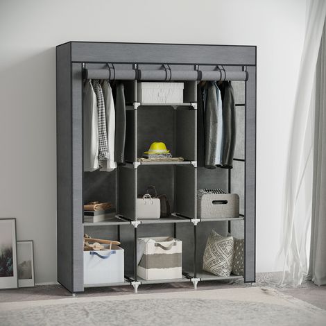 Armoire pliable en tissu, penderie portable avec 8 étagères et 2 tringles pour chambre, 125 x 43 x 162,5 cm, grise