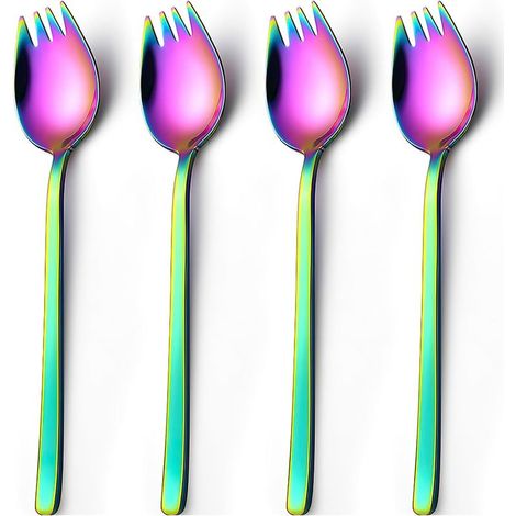 4 stuks kleurrijke vorklepels, lang 19 cm roestvrij staal, slavork, 2-in-1 dinervork, soeplepel, saladevork, noedellepel, multifunctionele fruitdessert lepel voor familiecamping en picknick outdoor (1/5)