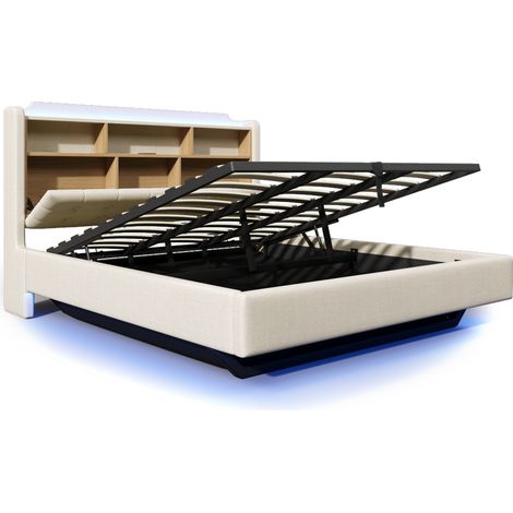 Polsterbett 180 x 200 cm Beige mit LED, hydraulischem Stauraum, USB- und USB-C-Anschlüssen (1/5)