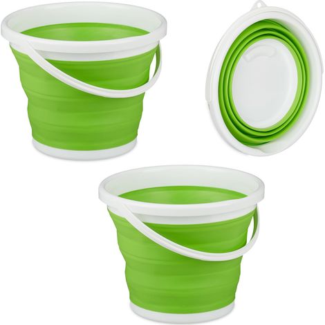 Relaxdays Set of 2 Folding Buckets, 10L Mopping Bin, Collapsible for Car, Camping and Festivals, Green