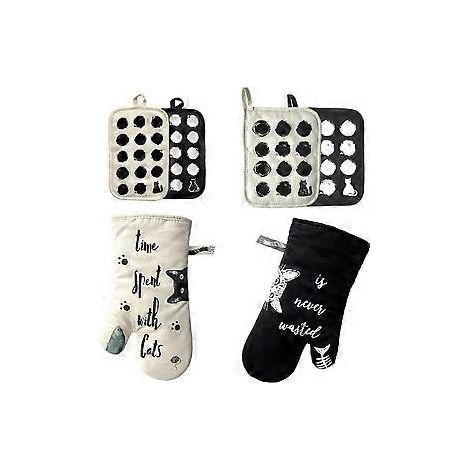 SZTXJ Set mit 6 Topflappen und Ofenhandschuhen aus Baumwolle – Katzenmuster – Elfenbein und Schwarz, hitzebeständige Ofenhandschuhe, Topflappen und Ofenhandschuhe zum Kochen, Bar (1/5)