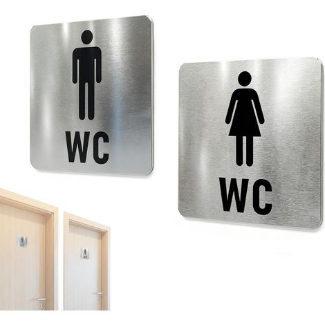 Lot de 2 plaques WC en acier inoxydable, autocollantes, plaques de toilette pour les toilettes des invités, les salles de bains et les espaces publics (1/5)