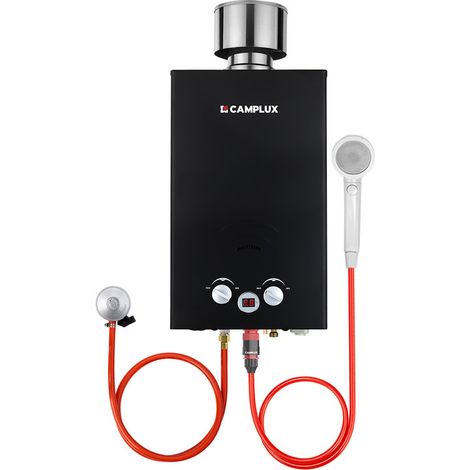 CAMPLUX Gas-Wassererwärmer 10L Propan/Butan, Gas-Durchlauferhitzer 20KW mit Regenhülle - BW264BC - 30/37 mbar - Schwarz (1/5)