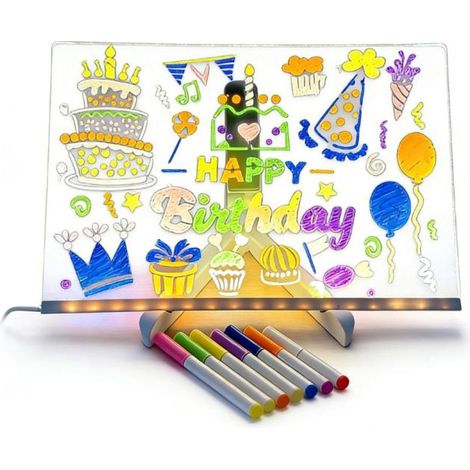Tableau d'affichage LED avec 7 couleurs et support, tableau à dessin lumineux LED transparent en acrylique effaçable 20 x 30 cm pour bureaux, magasins et maisons