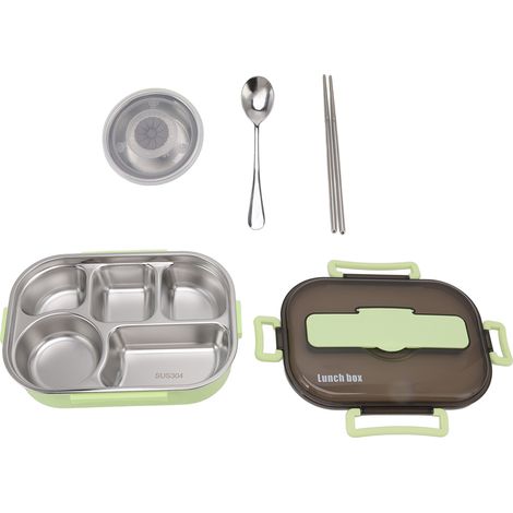 Boîte à lunch isotherme en acier inoxydable avec bol à soupe, baguettes et cuillère, pour adultes et enfants (vert). (1/5)