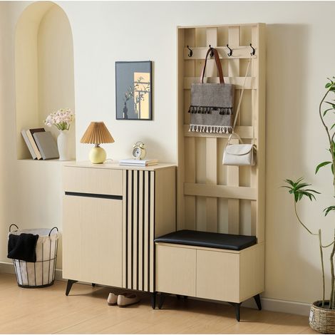 Mobile ingresso moderno con panca, appendiabiti e credenza, soluzione contenitore modulare, MDF effetto legno chiaro (1/5)