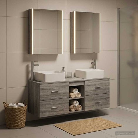 Ensemble mobilier salle de bain 5 pièces Sonoma gris mural avec miroirs LED USB lavabo et robinet, rangement moderne compact (1/5)
