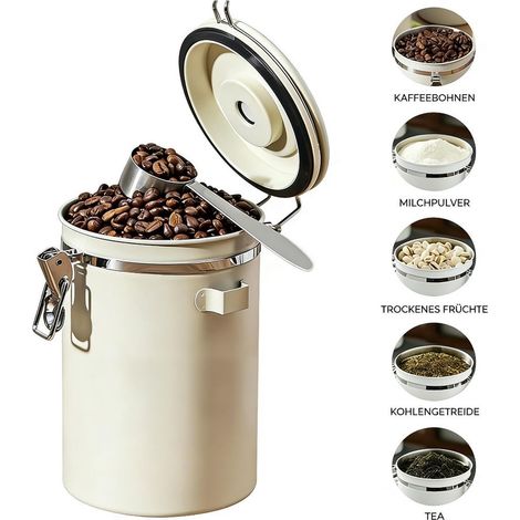 Bote de café de 1,8 L, bote de café hermético, con cuchara, recipiente para café, válvula de gas, caja de aromas, contenedor de almacenamiento. (1/4)