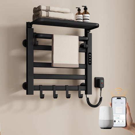 EMKE Scaldasalviette elettrico da bagno, 500 x 500 mm, intelligente a temperatura costante, scaldasalviette elettrico con ripiano, Right 140 W, nero (1/5)