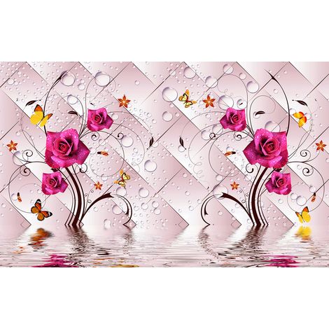 Papier peint panoramique - Roses Papillons 3D - 130 cm x 81 cm (1/2)