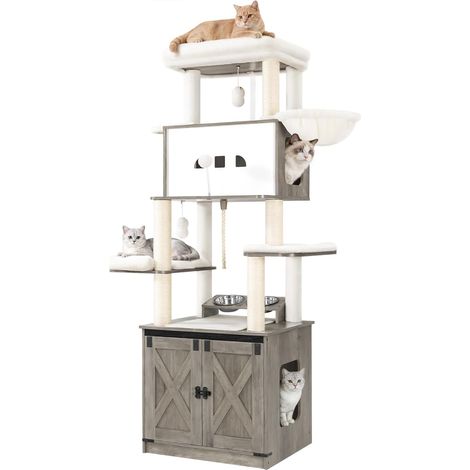 Arbre à Chat avec Meuble Litiere Chat, Mangeoire, Hauteur 173 cm, avec Grande Plateforme, Corde en Sisal, Hamac, Coussin Lavable, Balles en Peluche, Grège