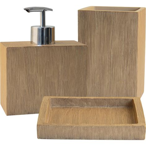 Schläfer 285200 Set Bagno Completo serie Bambus con Dispenser per Sapone, Portasaponetta, Portaspazzolino, Bicchiere da Bagno, Portasapone Liquido Accessori in Resina Effetto Bamboo, 3 Pezzi