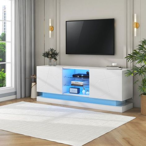 Weißes TV-Möbel mit mattem Finish, mit geräuschlosen Scharnieren, 2 Türen, verstellbares Glasregal, Wohnzimmerschrank, 160 x 38 x 60 cm (1/5)