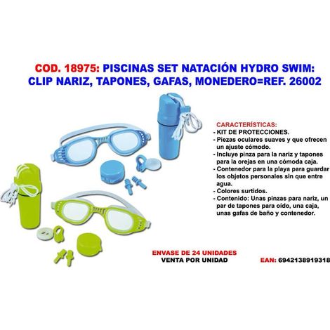 piscinas set natacion clip nariz, tapones, gafas, monedero 26002