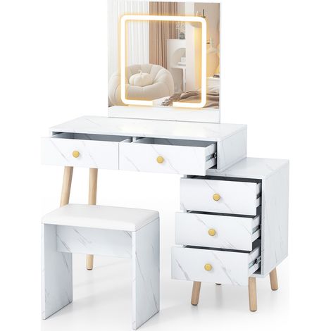 Coiffeuse blanche avec miroir LED à 3 modes et luminosité réglable, 5 tiroirs et plateau effet marbre pour chambre et dressing (1/5)