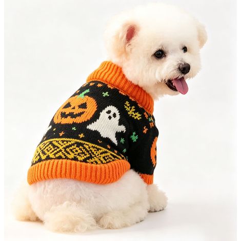 Pull d'Halloween pour chien et chat taille XS（2 kg）, maille tricotée motif citrouille, vêtement automne hiver doux et chaud - Multicolore (1/5)