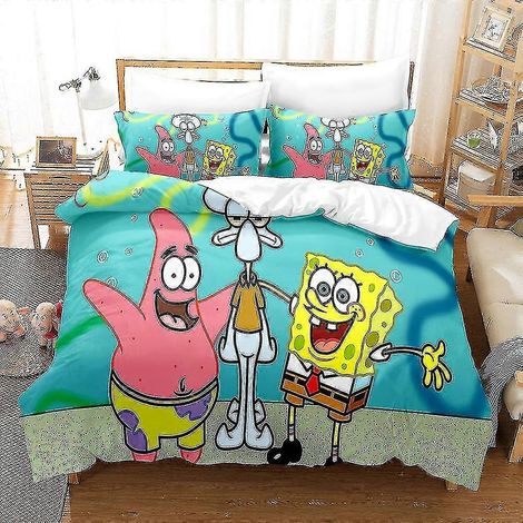 Parure de lit Bob l'éponge imprimée en 3D pour le Nouvel An (housse de couette et taie d'oreiller incluses), cadeau enfant - excellent - Taille AU KING 220x240cm (1/3)