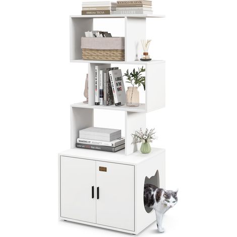 Lettiera per gatti 60 × 45,5 × 142 cm, 3 ripiani aperti, 3 fori di ventilazione, Lettiera per gatti, 4 cuscinetti regolabili, bianco (1/5)