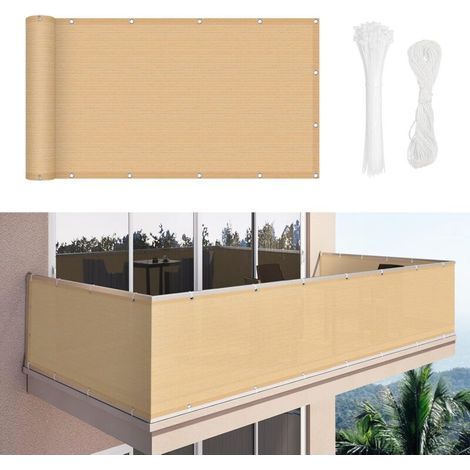 Brise-vue pour balcon 90 x 600 cm – Tissu HDPE 180g/m² – Protection UV jusqu'à 90% – Attaches de câble incluses – Sable (1/4)