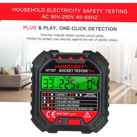 Testeur de prise Testeur de prise avec affichage de tension 90-250V Testeur de prise Circuit automatique Polarité Détecteur de tension Disjoncteur HT107D (1/4)