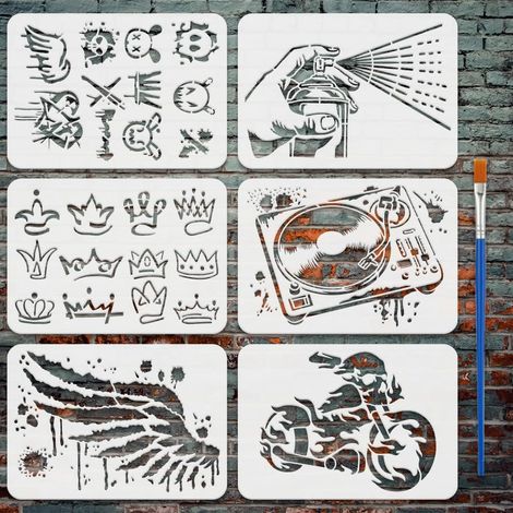 6Pcs Pochoir de Peinture Graffiti Avec Pinceau 21x29.7cm Cœur Graffiti Lapin Couronne Modèle de Dessin de Motif Spray Main Plaque Tournante Ailes Pochoir Moto en Flamme pour la Peinture (1/5)