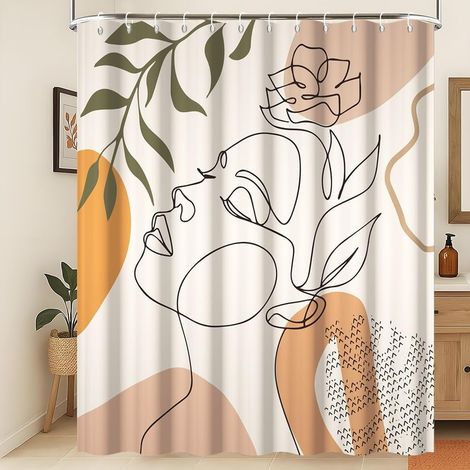 Rideau de Douche Bohème Visage Abstrait Beige Rideau de Salle de Bain Ligne Abstraite Visage Fille Fleur Feuilles Vertes Rideau de Douche imperméable et Lavable 150x200cm (1/5)