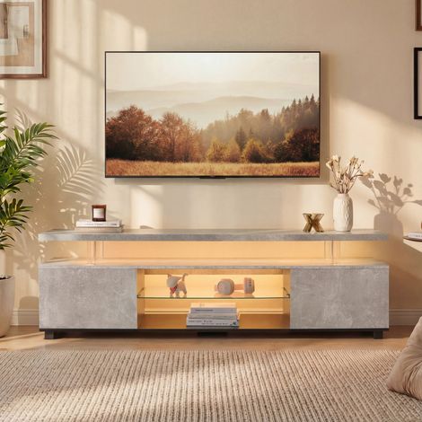 Meuble TV en bois d’ingénierie gris et noir pour TV jusqu’à 60 pouces, rangement avec LED et 3 espaces fermés (1/5)