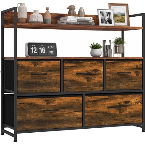 HOMCOM Bedroom Chest of Drawers 5 Drawer Dresser w/ Shelves, Rustic Brown (1/5)
