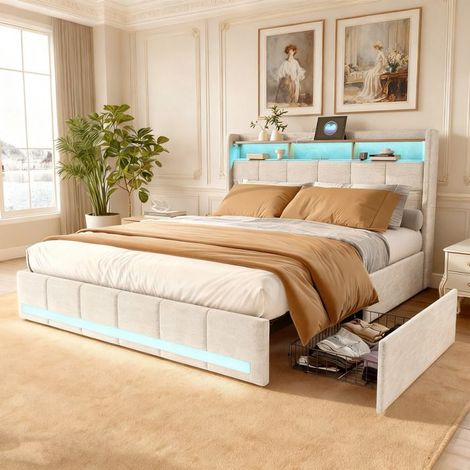 Letto 140x190 - POCKETPOP - Lino beige - 4 cassetti di stoccaggio - LED regolabile, USB e Type-C