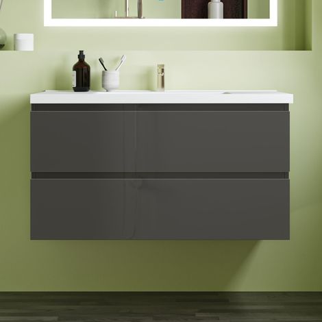 1000mm Gloss Grey Bathroom Vanity Unit With Wash Basin Ceramic Sink, 2 Soft-Close Drawers for Storage,Storage Furniture Under Basin Cabinet, Wall Hung Cabinets