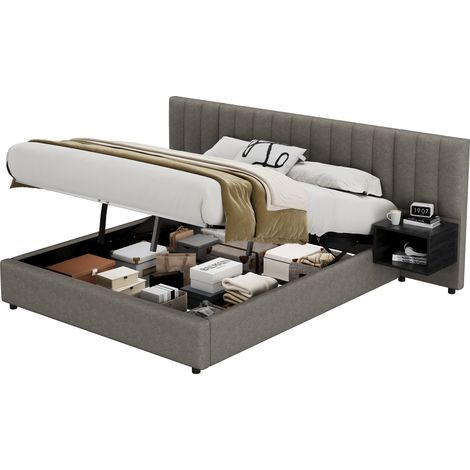 Lit rembourré 160 x 200 cm, lit hydraulique à oreilles larges avec deux tables de chevet avec rangement, adapté aux adultes et aux adolescents, sommier à lattes en bois, montage facile, lin, gris + no