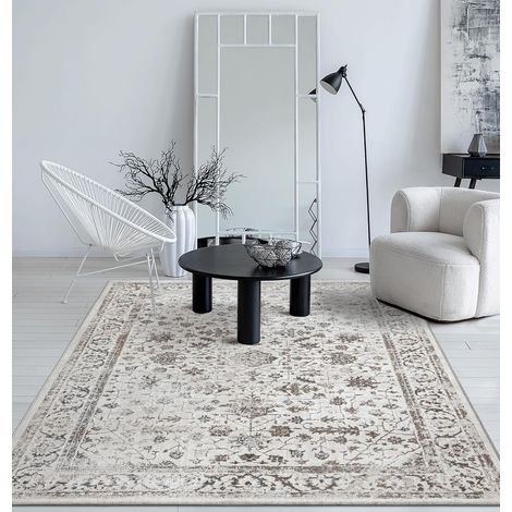 Tapis Moderne Dense à Poils Courts, Salon, Chambre à Coucher, Brillance élégante, Fibre Brillante, Effet très Profond, Bordure, Creme, 120 x 170 cm (1/4)