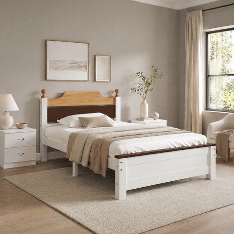 Lit une place 90x200 cm blanc en pin et MDF avec 15 lattes et pieds centraux (1/5)