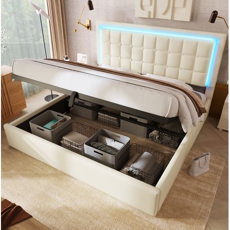 Letto contenitore adulto 160x200 cm con testiera LED, sistema idraulico e base, in ecopelle bianca, materasso non incluso (1/5)