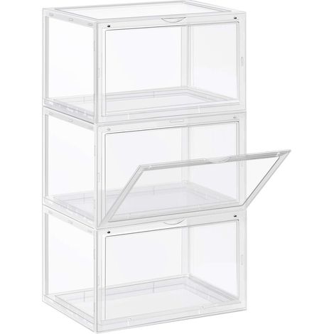 Boîtes à Chaussures, Lot de 3, Coffre de Rangement, Empilable, avec Porte, en Plastique Pointure Jusquà 46, 36 x 28 x 22 cm, Transparent LSP03CW (1/5)