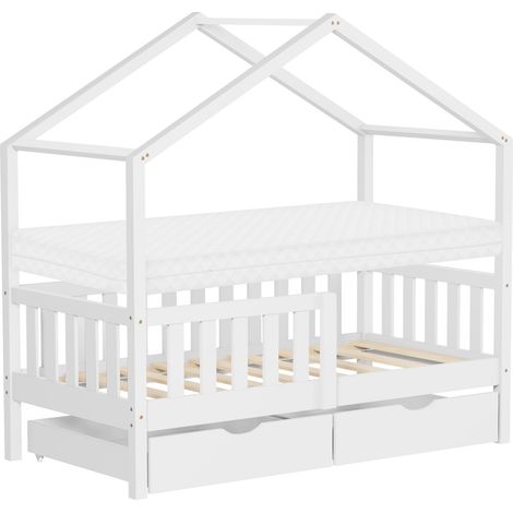 ML-Design Letto a Casetta per Bambini 70x140 cm in Legno di Pino Bianco con Materasso, Sponde di Sicurezza e 2 Cassetti Contenitore, Lettino Montessori a Pavimento, Giroletto Cameretta