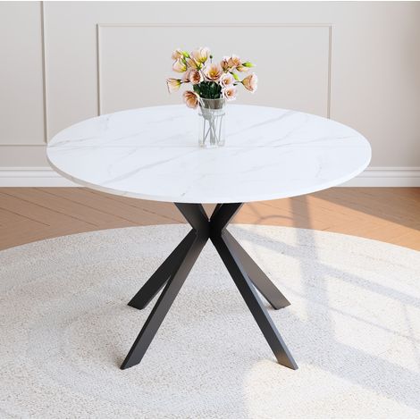 Tavolo da pranzo rotondo 110 cm effetto marmo bianco in MDF con base X nera (1/5)