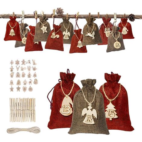 DIY Adventskalender, Weihnachtskalender 2024 zum Befüllen mit Adventszahlen, Holzetikett, Weihnachtsgeschenk, Stoffbeutel für Männer, Frauen, Kinder