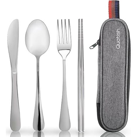Ensemble de couverts de voyage avec étui, couverts portables pour le travail, ensemble de couverts de voyage réutilisables en acier inoxydable, fourchette et cuillère argentées (1/5)