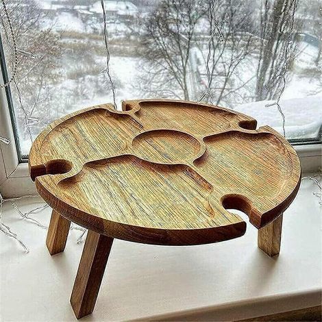 Table de pique-nique pliante en bois avec porte-verres à vin portable 2 en 1 et porte-verres à vin de bureau pliable (1/5)