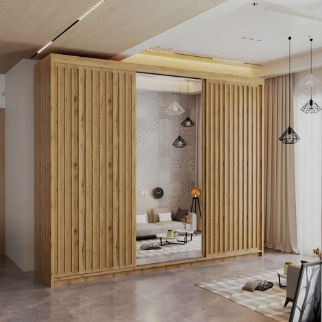 Royal 2 & 3 Door Sliding Mirror Wardrobe Modern Bedroom Storage - Oak/Oak250cm