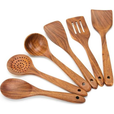 Un ensemble de 6 cuillères de cuisine en bois - légères et durables - faciles à nettoyer (1/5)