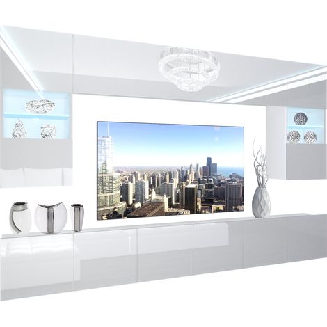 Belini – Ensemble meuble TV complet avec éclairage LED – Dimensions 300 x 180 x 36 cm – Panneaux mélaminés – Finitions blanc brillant (1/5)